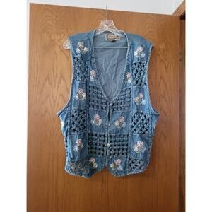 Tantrum Blues Vintage Y2K Denim Floral Lattice Mirror Detail Vest GUC Size 3x